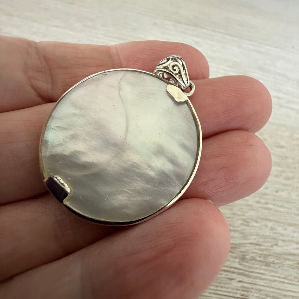 Sterling Silver Lotus Medallion Pendant- Mother of Pearl Shell - Picture 5 of 7